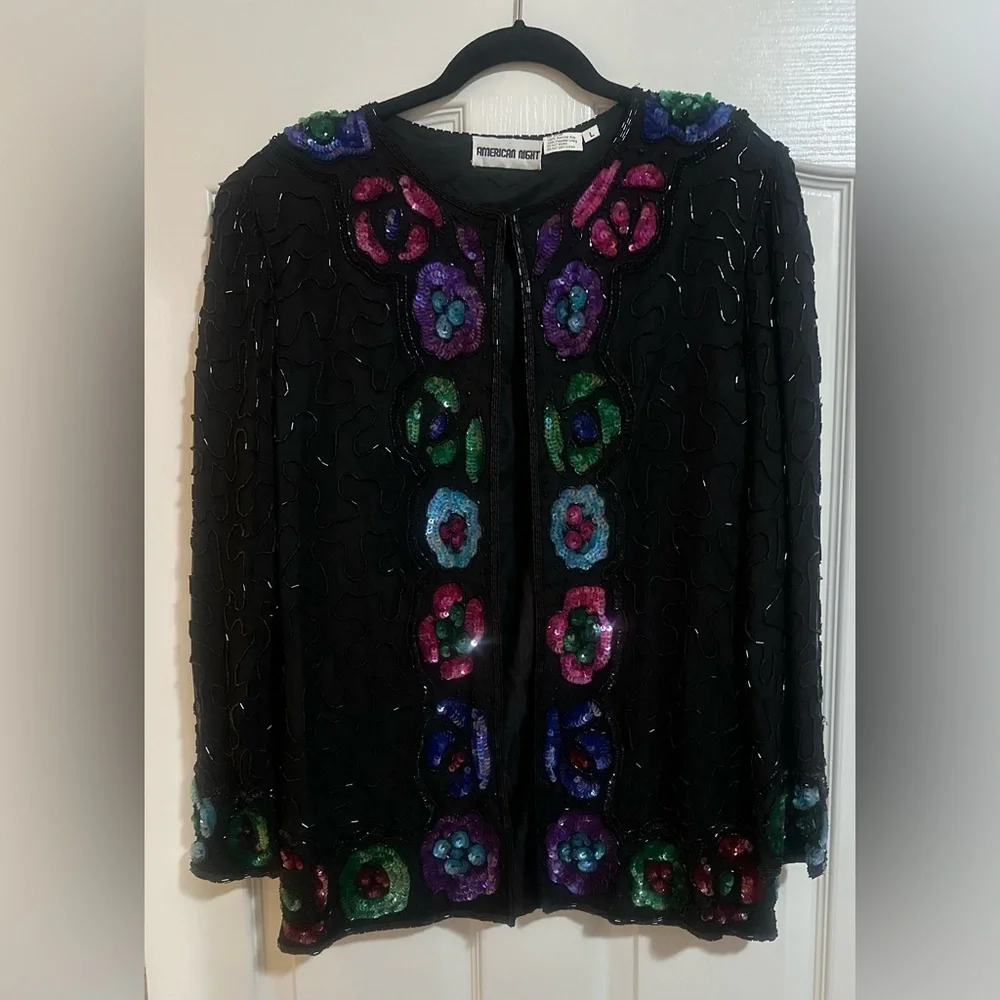 VINTAGE Women’s AMERICAN NIGHT SILK SEQUIN BEADED Floral BLAZER‎ JACKET Large.